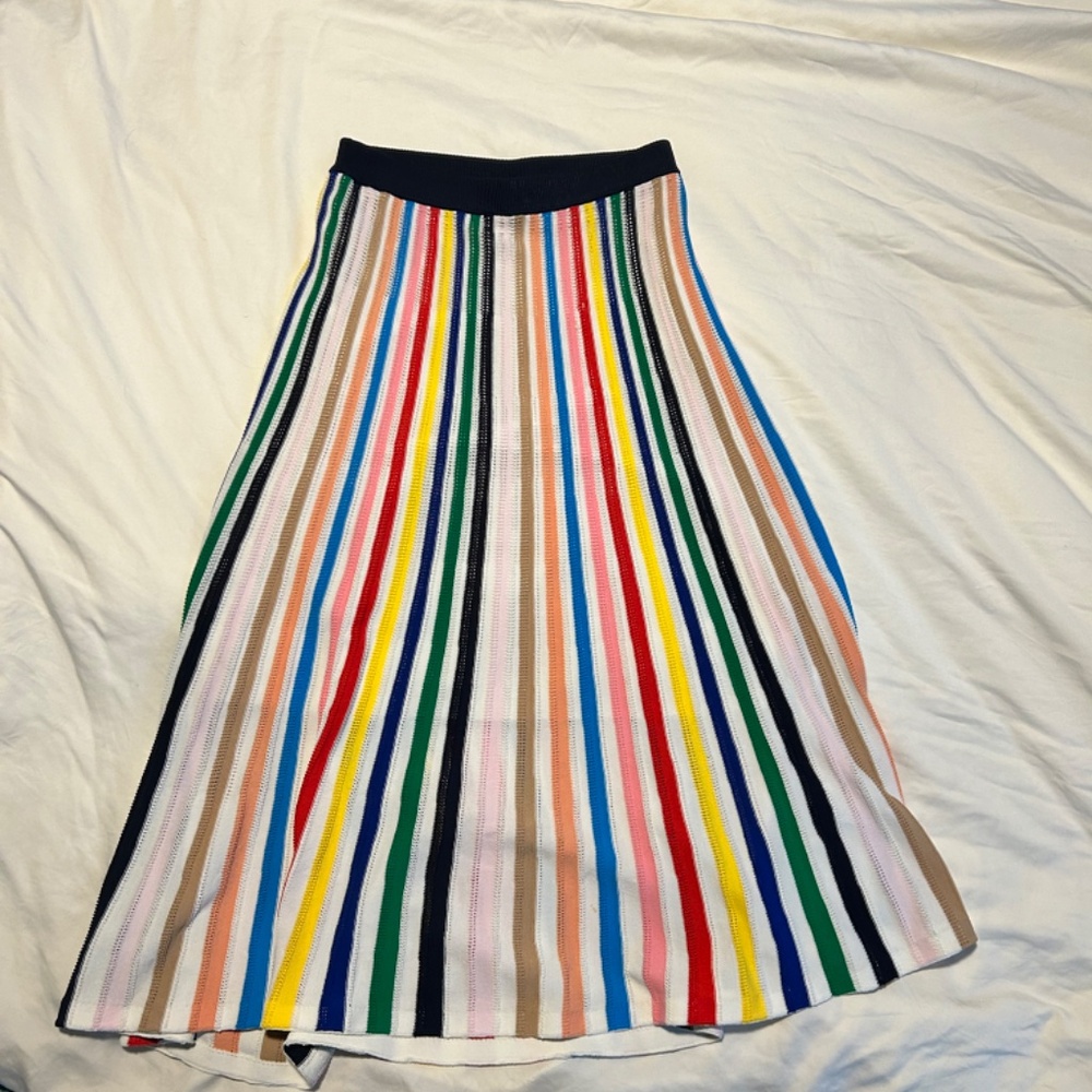 J Crew pull-on midi length skirt, multicolor, stripe, crochet, lined, XS Great!